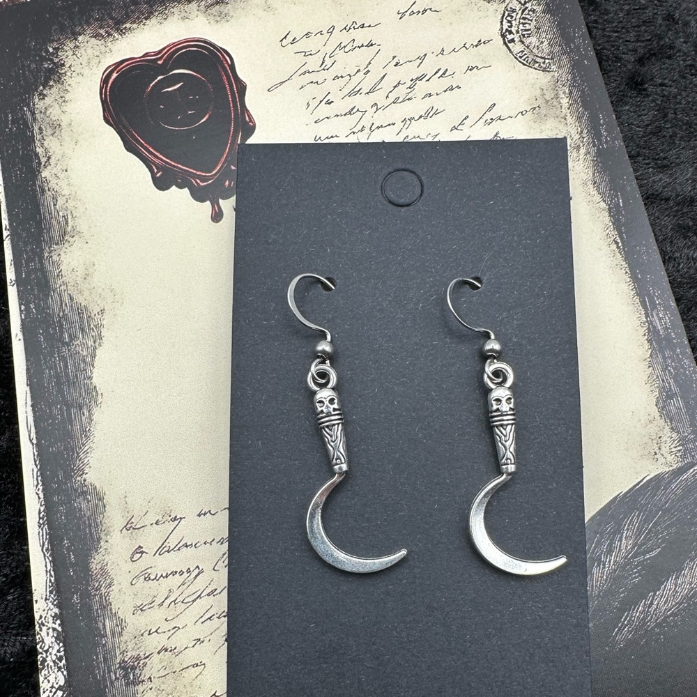 Silver Goth Crescent Reaper Sickle Earrings Halloween